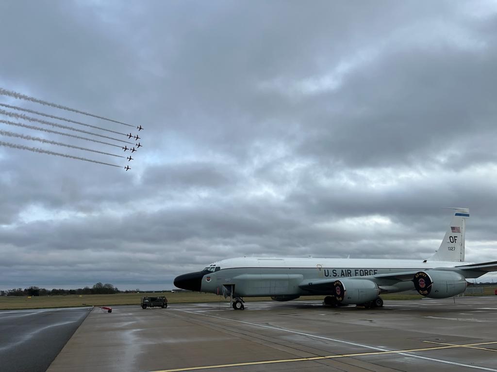 RC-135 aircraft at RAF Waddington with Red Arrows overhead